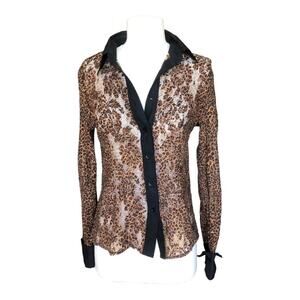 Vintage Richard Malcolm Black Unlined Mesh Lace Button Front Long Sleeve Blouse